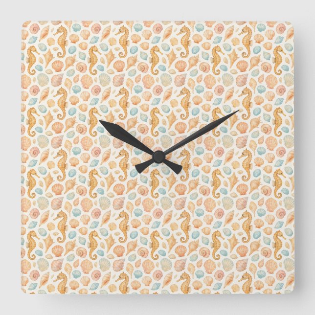 Seashell and seahorse watercolor pattern square wall clock (Front)