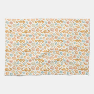 Seashell and seahorse watercolor pattern tea towel