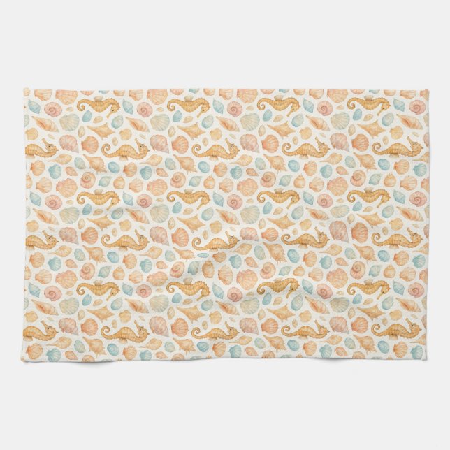 Seashell and seahorse watercolor pattern tea towel (Horizontal)