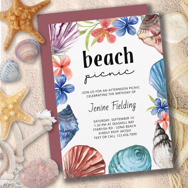 Seashell and Tropical Flower Beach Picnic Birthday Invitation (Creator Uploaded)