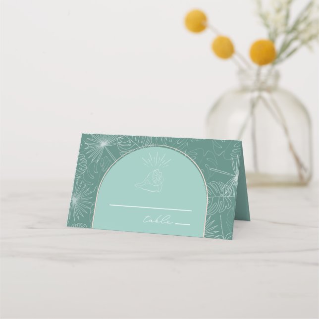 Seashell Aqua Beach Wedding Place Card (Front)