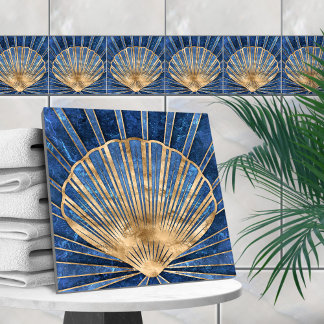 Seashell Art Deco - Blue Marble and Gold Tile