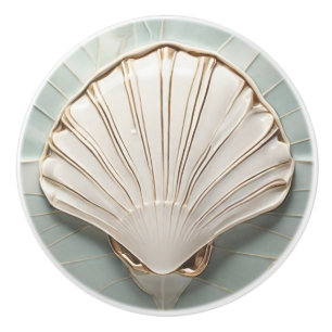 Seashell Art Nouveau Faux Relief Mint Blue & Gold Ceramic Knob