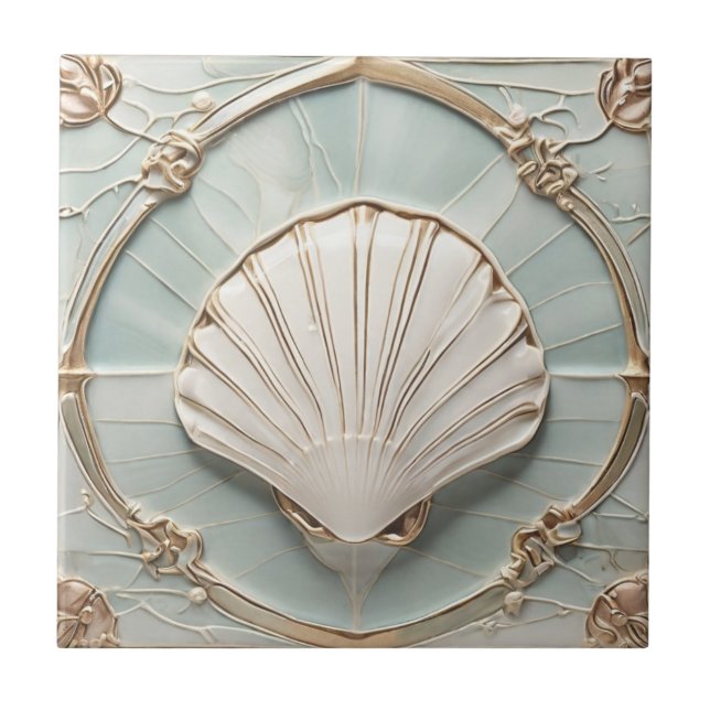 Seashell Art Nouveau Faux Relief Mint Blue & Gold Tile (Front)
