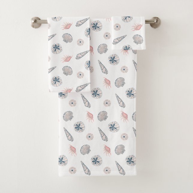 Seashell Beach Blue and PInk Pattern Bath Towel Set (Insitu)