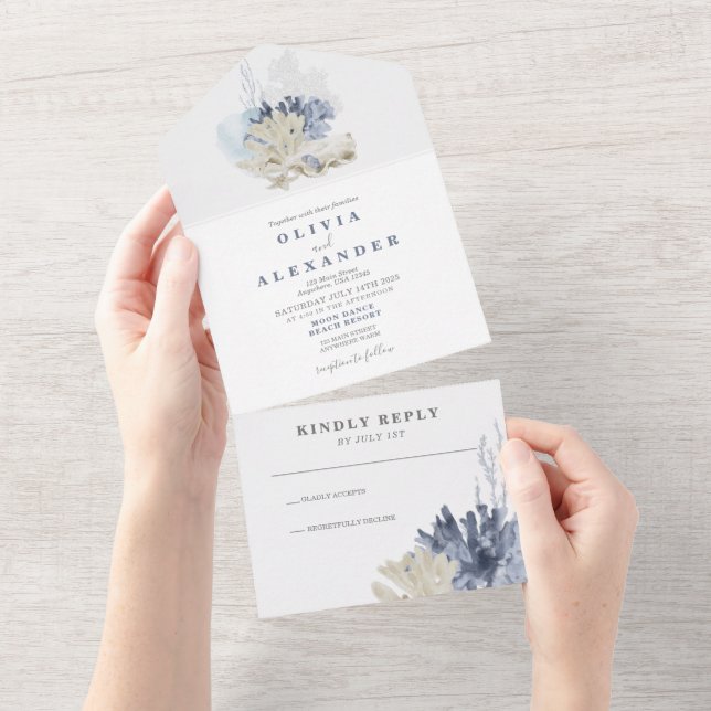 Seashell Beach blue wedding Invitation (Tearaway)