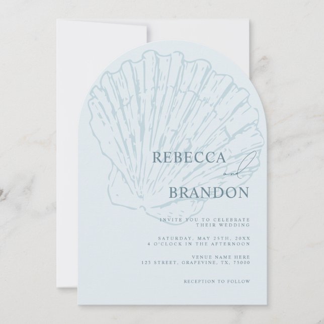 Seashell Beach Coastal Blue QR Code Arch Wedding Invitation (Front)