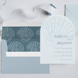 Seashell Beach Coastal Blue QR Code Arch Wedding Invitation