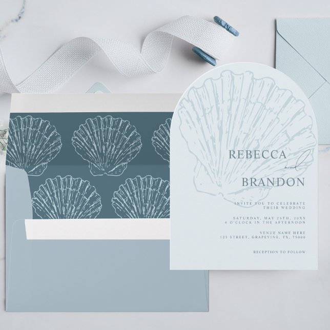 Seashell Beach Coastal Blue QR Code Arch Wedding Invitation (Creator Uploaded)
