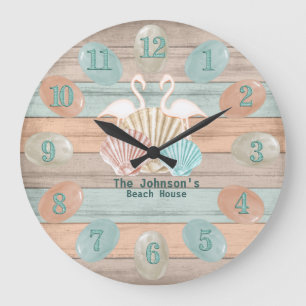 Seashell Beach, Flamingo & Sea Glass Large Clock