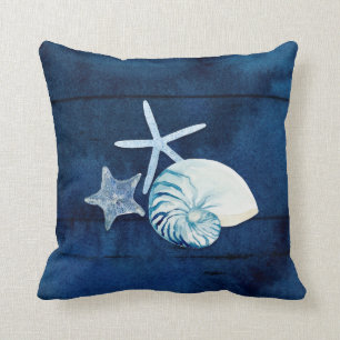 Seashell Beach House Navy Coral Nautilus Starfish Cushion