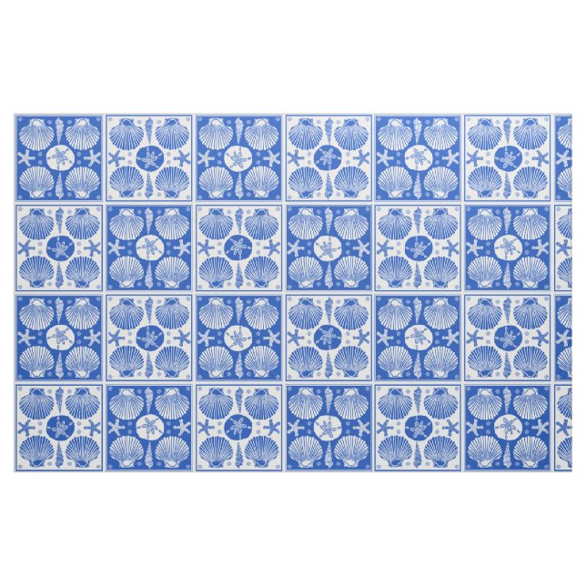 Seashell Beach Nautical Block Pattern Blue White Fabric (Fat Quarter)