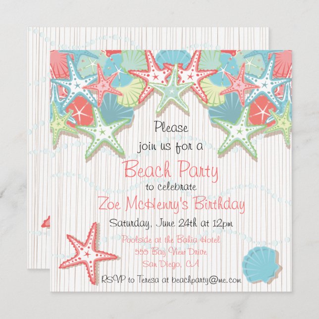 Seashell Beach Party Invitations (Front/Back)
