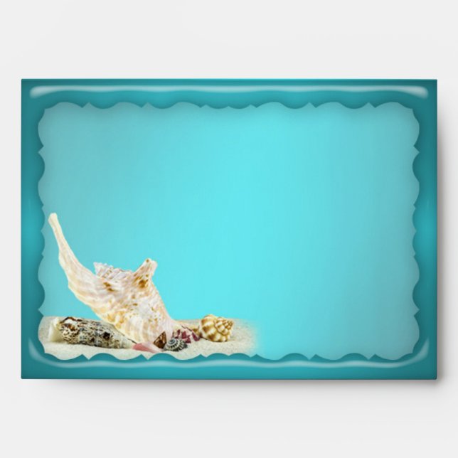 Seashell Beach Teal Blue Metallic Wedding Envelope (Front)