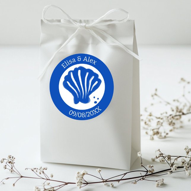 Seashell Beach Wedding Blue White CUSTOM  Classic Round Sticker (Seashell Beach Wedding Blue White CUSTOM Classic Round Sticker
)