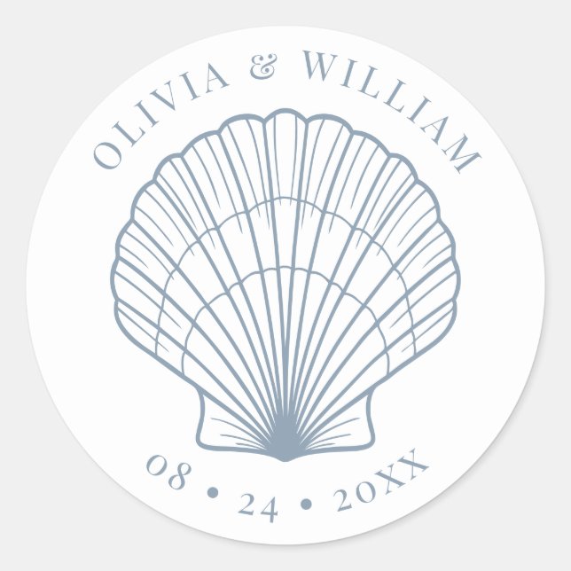 Seashell Beach Wedding Coastal Dusty Blue  Classic Round Sticker (Front)