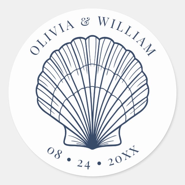 Seashell Beach Wedding Coastal Navy Blue  Classic Round Sticker (Front)