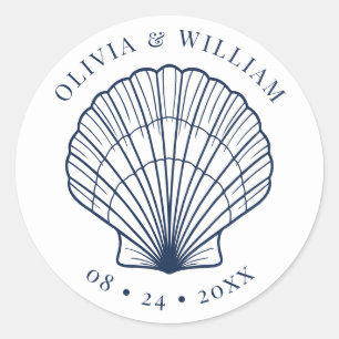Seashell Beach Wedding Coastal Navy Blue Classic Round Sticker