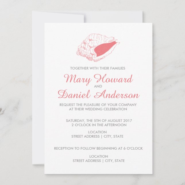 Seashell Beach Wedding Invitation (pink) (Front)