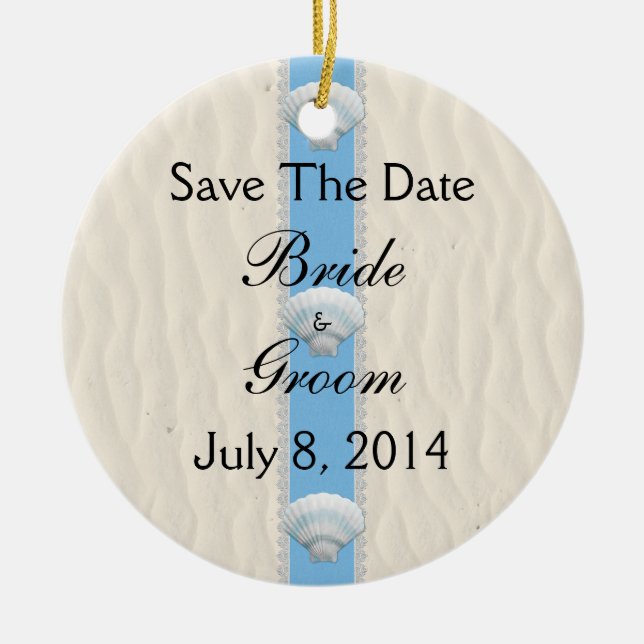 Seashell Beach Wedding Save The Date Ceramic Tree Decoration (Front)