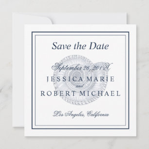 Seashell Beach Wedding Save the Date Square - Navy