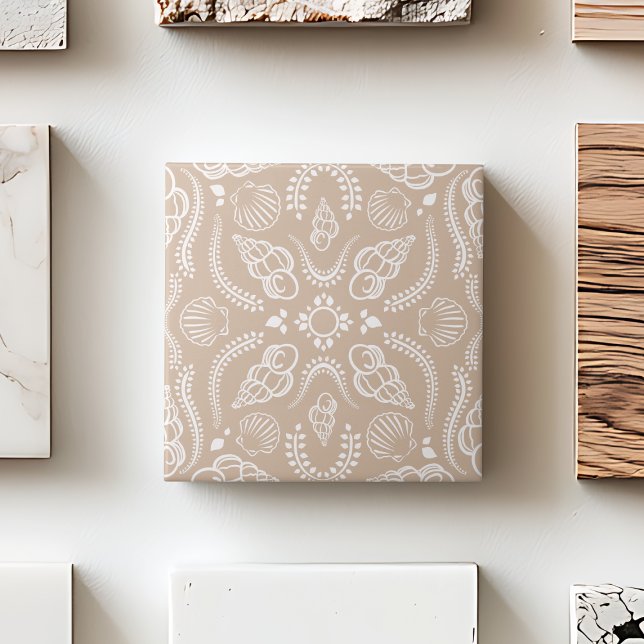 Seashell Beige & White Modern Coastal Pattern Tile (Seashell Beige & White Modern Coastal Pattern Ceramic Tile)