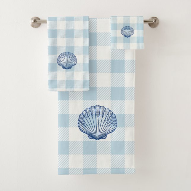 Seashell Blue Check Gingham Pattern Bath Towel Set (Insitu)
