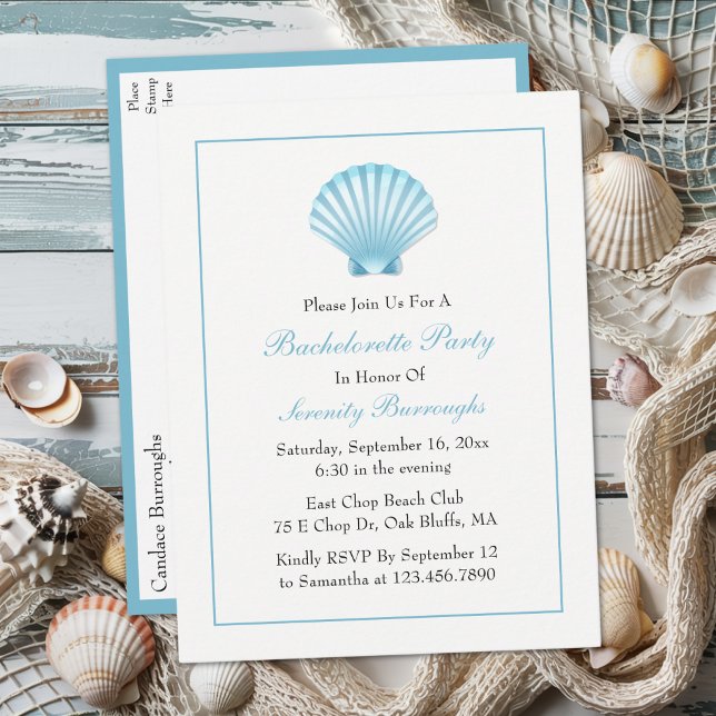 Seashell Blue Nautical Beach Bachelorette Party Invitation Postcard (Creator Uploaded)