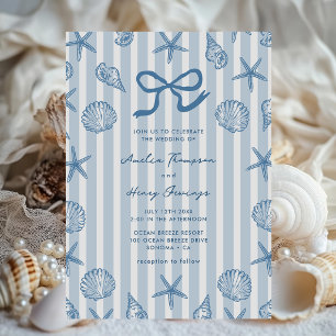 Seashell Blue Stripe Coastal Wedding Invitation
