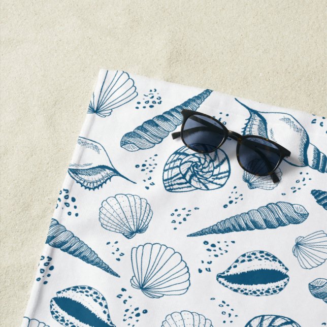 Seashell Blue White beach Beach Towel (In Situ)