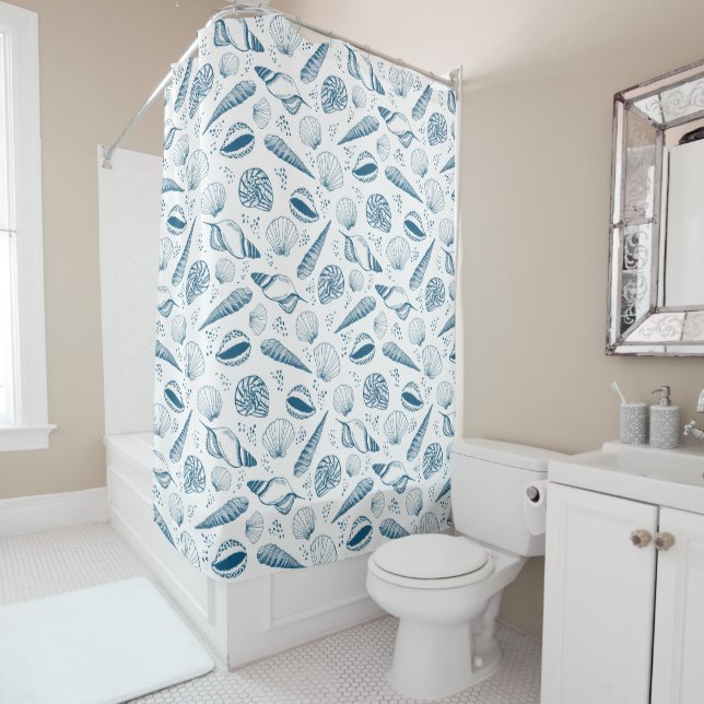Seashell Blue White beach Shower Curtain (In Situ)
