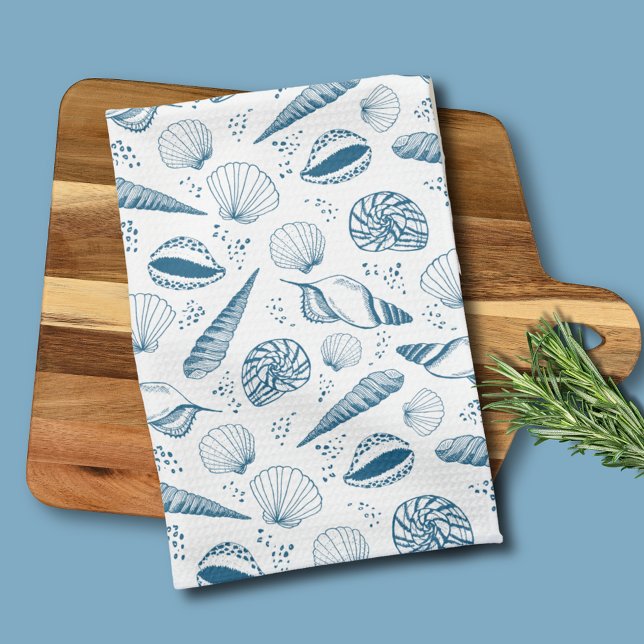 Seashell Blue White beach Tea Towel (Coastal chic blue seashell nautical beach vibe kitchen towel)