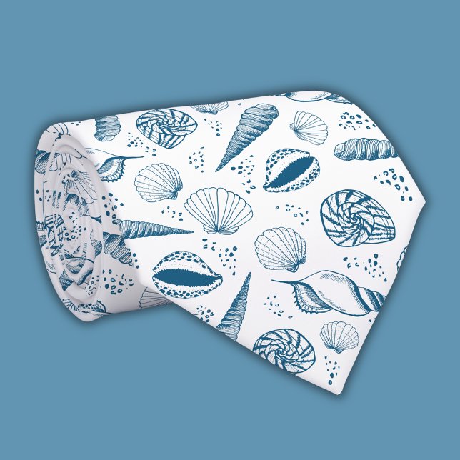 Seashell Blue White beach Tie (Blue & White Seashell Tie Coastal Chic Men’s Accessory Nautical Wedding Style)