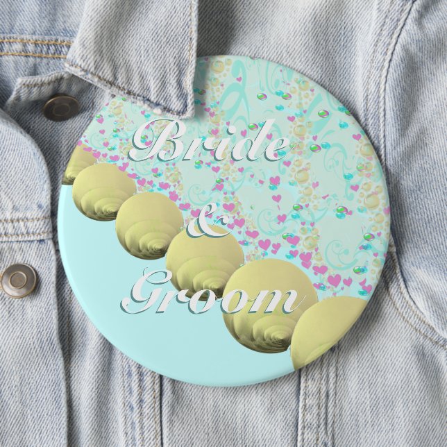 Seashell Blue Yellow Beach Bride and Groom Badge B (In Situ)