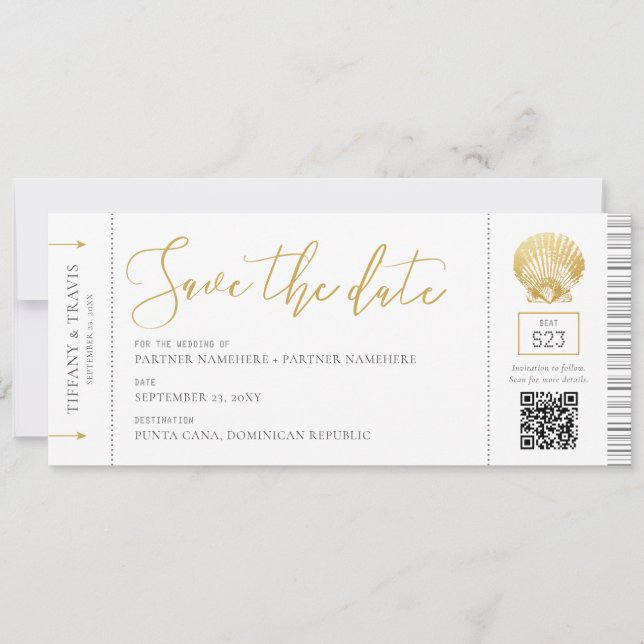 Seashell Boarding Pass Ticket Beach Wedding  Save The Date (Front)