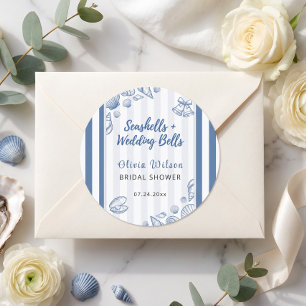 Seashell Bridal Shower Blue Nautical Custom Classic Round Sticker