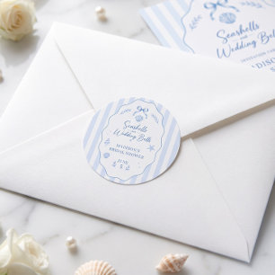 Seashell Bridal Shower Blue Striped Bow Classic Round Sticker