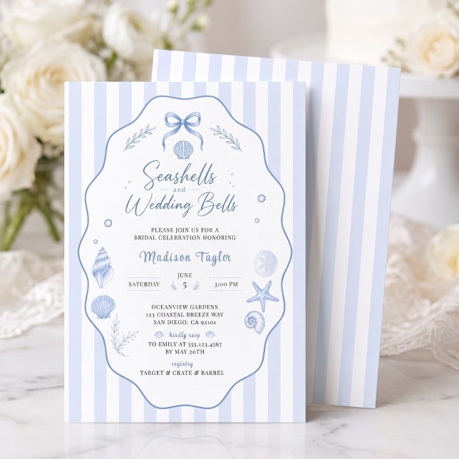 Seashell Bridal Shower Blue Striped Bow Invitation (Seashell Bridal Shower Blue Striped Bow Invitation)