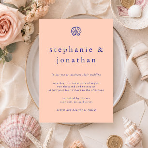 Seashell Coastal Beach Pink Navy Blue Wedding  Invitation