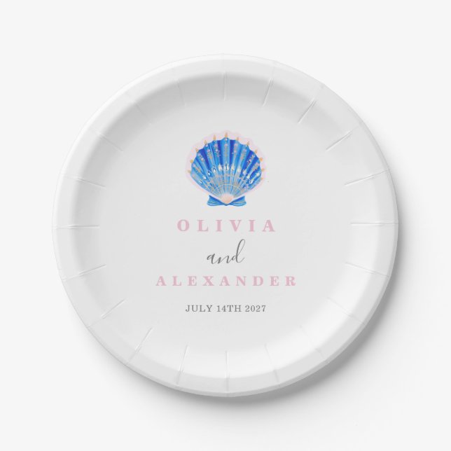 Seashell coastal beach wedding paper plate (Front)