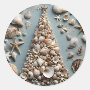 Seashell Coastal Christmas Tree Classic Round Sticker
