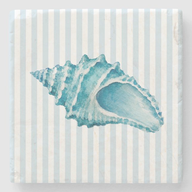 Seashell Coastal Conch Shell Painting Stripe Stone Coaster (Front)