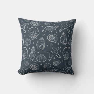 Seashell Coastal Nautical Boho Beach Dark Blue Cushion