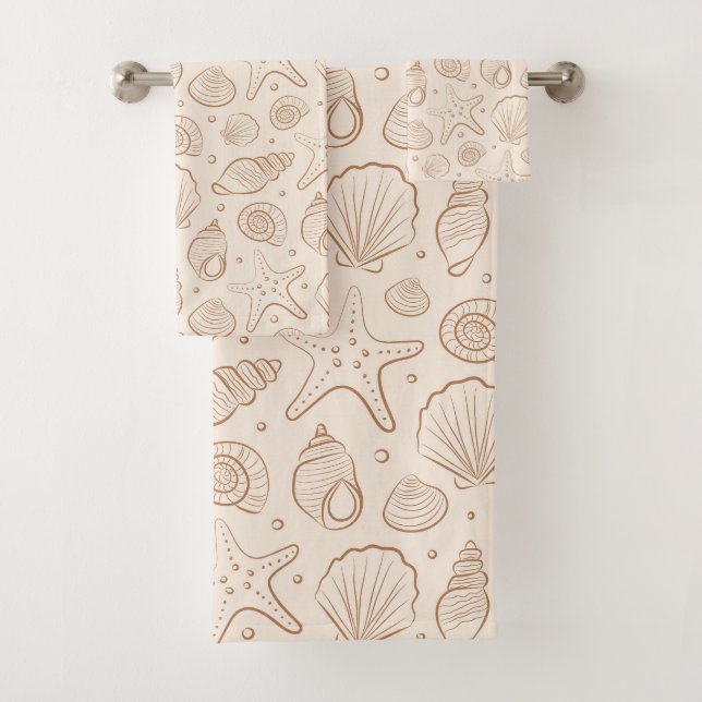 Seashell Coastal Nautical Boho Beach Neutral Cream Bath Towel Set (Insitu)