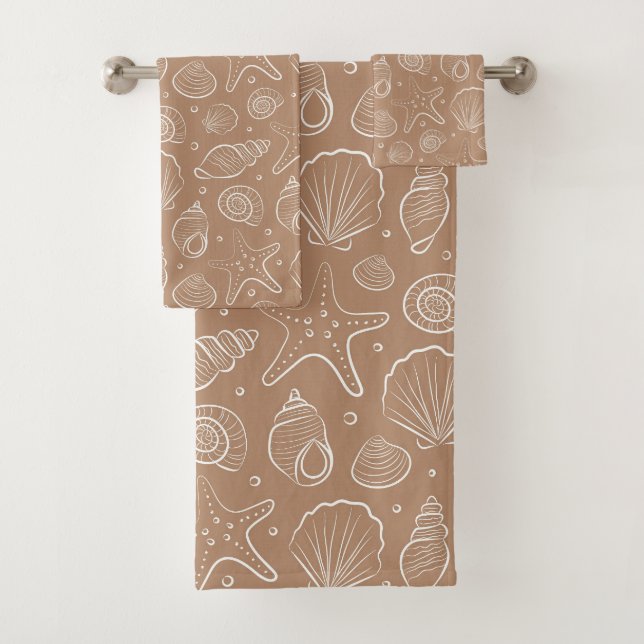 Seashell Coastal Nautical Boho Beach Neutral Tan Bath Towel Set (Insitu)