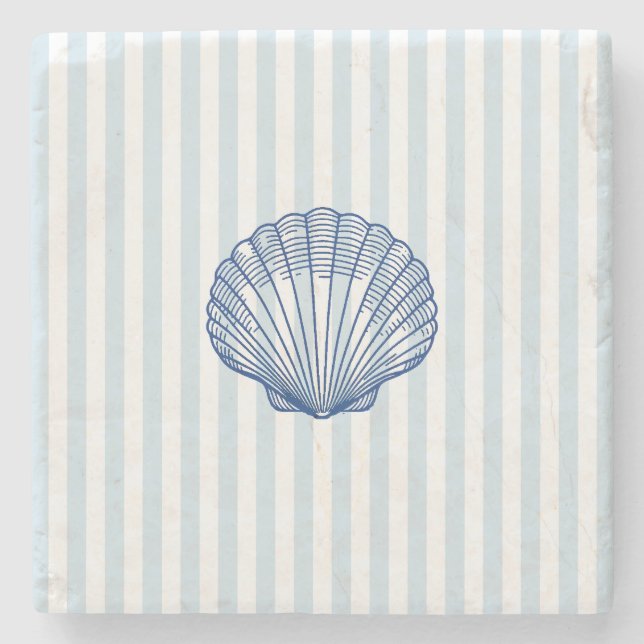 Seashell Coastal Painting Nautical Stripe  Stone Coaster (Front)