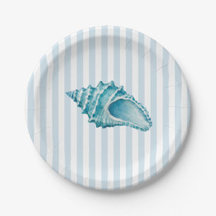 Seashell Conch Shell Painting Nautical Stripe Paper Plate