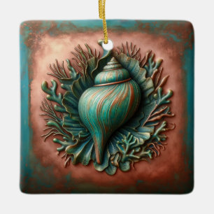 Seashell Copper and Patina Beach House Ceramic Ornament