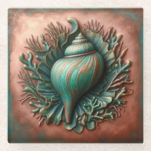 Seashell Copper and Patina Beach House Glass Coaster