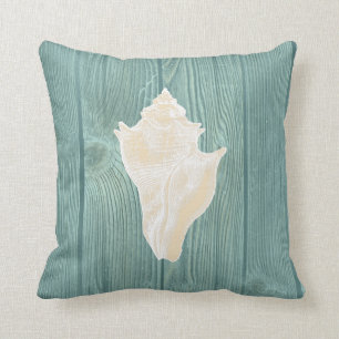 Seashell Cream Vintage Aqua Wood Pillow